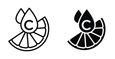 Vitamin C icon set. Vitamin C vector symbol in black filled and outlined style.