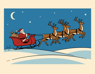 Cheerful, classic illustration of Santa Claus in motion, holding a large green sack full of presents and waving happily next to a decorated Christmas tree with ornaments and a star. Ideal for festive 