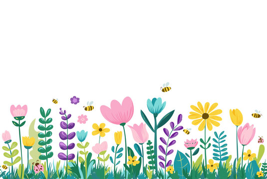 Collection of spring colorful flower elements vector. Floral boarder of wildflower, leaf branch, bees, foliage on white background. Hand drawn blossom illustration for decor, easter, sticker, clipart