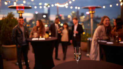 Urban Rooftop Social Event: Evening Gathering with Friends, Patio Heaters, String Lights, City Views