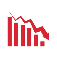 Graph going down sign with red arrows vector. Bar chart symbol icon with arrow moving down and sales bar chart.