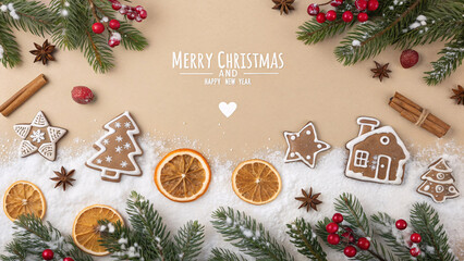 Christmas Flat Lay with Gingerbread Cookies, Dried Oranges, Pine Branches and Festive Holiday Decorations