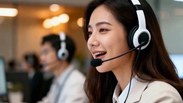Friendly Asian Female Call Center Agent in Headset Smiling & Assisting Customers in Modern Office | Customer Service Team, Telemarketing Support, Positive Workplace, Professional Operator