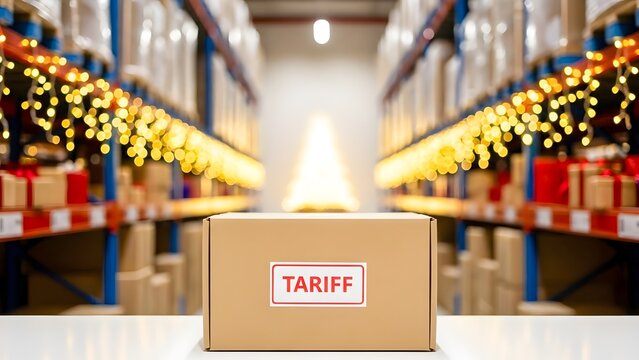 Tariff-Labeled Box in Festive Warehouse Highlights Holiday Trade and Logistics Impact - Powered by Adobe