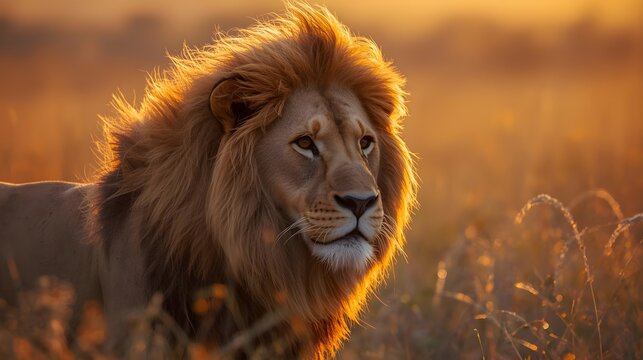Cinematic portrait of a male lion walking through golden grass at sunset, illuminated by warm backlight. Powerful wildlife image capturing strength and presence. - Powered by Adobe