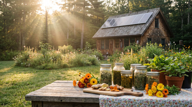 cottage garden scene centered on a rustic wooden table in the foreground laden with mason jars of preserved herbs