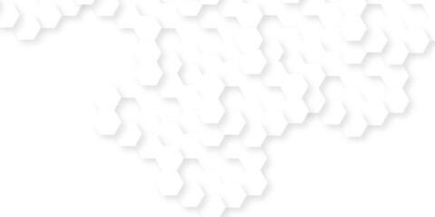 White abstract hexagonal hexagon modern technology. creative emboss light honeycomb polygonal web. geometric science and mosaic tile with template texture background.	
