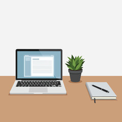 Fototapeta premium Modern workspace with laptop plant notebook and pen on a wooden surface