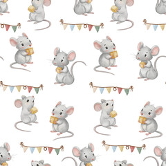 A cute watercolor pattern featuring little white mice holding cheese and festive flags, a seamless design for children's textiles, wrapping paper, and holiday decorations.
