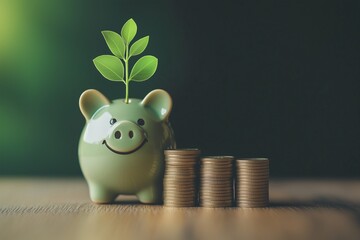 Green piggy bank with growing plant and stacked coins representing sustainable financial growth and savings.