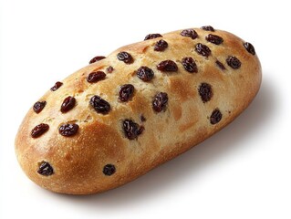 Loaf of bread with raisins scattered on top against a white background, with shadow