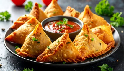 Golden brown samosas filled with spicy vegetable mixture served with tomato