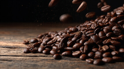 Macro shot of coffee beans spilling onto rustic wooden table