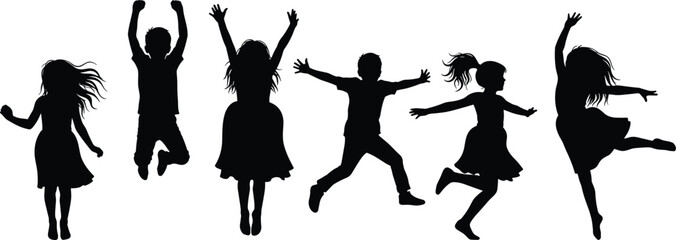 Happy cheerful jumping and dancing children silhouettes, boys and girls celebrating, expressing joy, fun, and freedom, black flat vector illustration isolated on white background