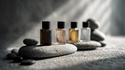 Minimal skincare bottles arranged on smooth stone surface, spa aesthetic