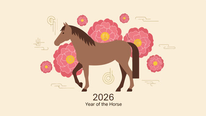 Elegant flat illustration of a majestic brown horse with blooming flowers celebrating the 2026 Year of the Horse and Lunar New Year