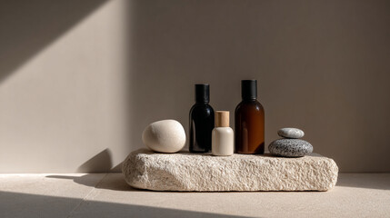 Minimal skincare bottles arranged on smooth stone surface, spa aesthetic