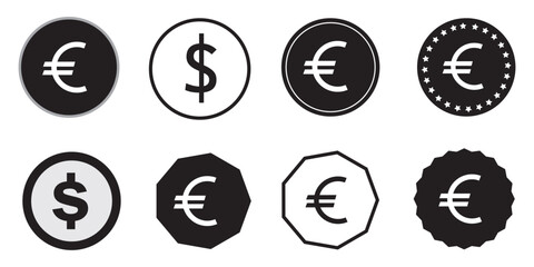 dollar and euro currency icon set, vector symbols representing money, finance, wallet, payment, and banking concepts for digital applications, web design, and financial business