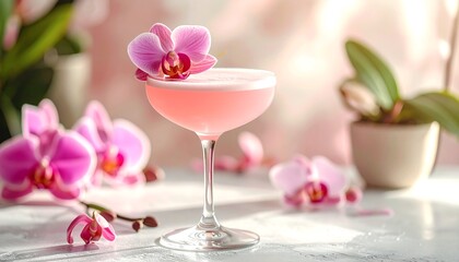 Pink cocktail with orchid garnish