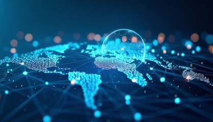 Futuristic digital earth map with global network connections and glowing data sphere symbolizing big data and worldwide technology. - Powered by Adobe