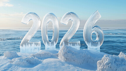 Large "2026" numbers sculpted from frosted glass and snow, standing on snowy shoreline with cold blue ocean.
