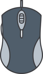 A top-down view of a modern wired computer mouse, featuring a dark grey body with light grey accents and a central scroll wheel.