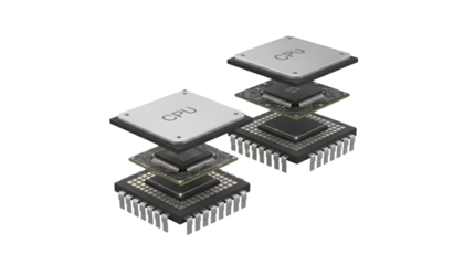 Exploded View of CPU Microprocessor Chip Revealing Internal Layers and Engineering Architecture, Isolated 3D Render on Transparent Background Cutout.