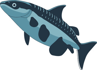 A cartoon illustration of a blue fish with dark spots swimming.