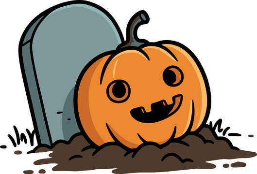 A cute cartoon jack-o'-lantern pumpkin with a missing tooth smiling next to a grey tombstone in dirt, Halloween theme.
