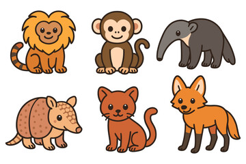 Fototapeta premium Cute cartoon animals collection featuring lion, monkey, anteater, armadillo, cat, and fox