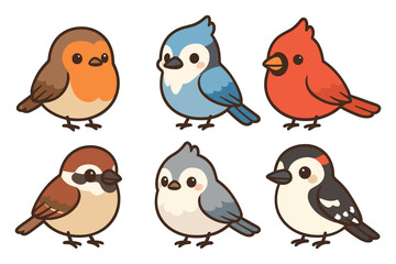 Cute cartoon birds set with various species in flat style