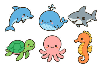 Fototapeta premium Cute sea creatures set: playful dolphin, whale, shark, turtle, octopus, seahorse