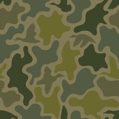 Naklejka premium Modern vector duck hunter camo seamless pattern featuring abstract green army camouflage design. Ideal for military uniforms, hunting gear, textiles, fashion fabric, wallpapers, and camo backdrop.
