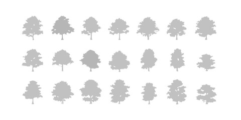A collection of silhouetted trees in varying shapes and sizes neatly arranged