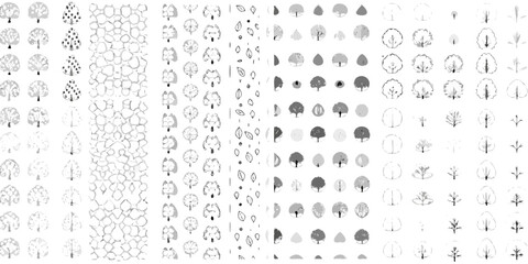 A collection of diverse tree silhouettes in varying shades and styles