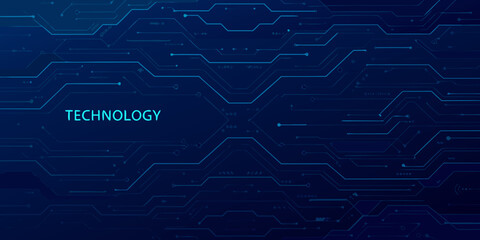 Abstract blue technology circuit board background with hexagonal grid and text