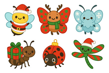 Cute christmas-inspired insects in festive attire for holiday decor