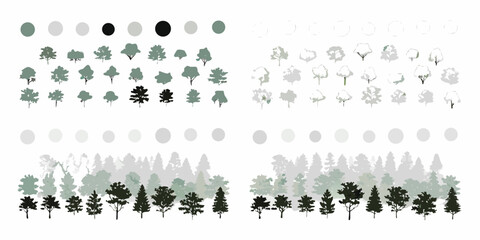 Variations of tree silhouettes and grayscale tones in a design pattern