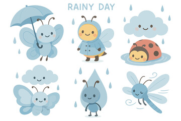 Cute insects in rainy weather with smiling clouds and raindrops