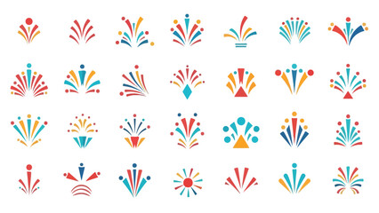 Set of vibrant vector fireworks graphic elements for festive celebrations and new year party designs, symbolizing joy and success