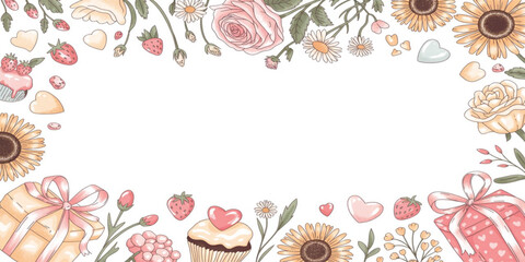 Valentine floral Frame with Sunflowers, Roses, Strawberries & Hearts for Greeting Cards and Invitations