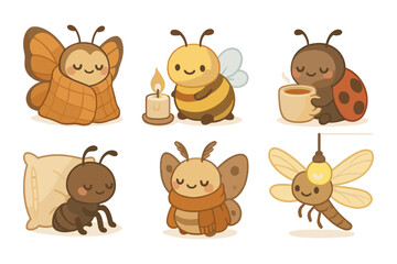 Fototapeta premium Cute cartoon insects cozy vibe: bees, butterflies, ladybugs, and more