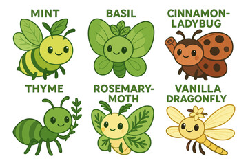 Naklejka premium Cute herb-inspired insects: mint bee, basil beetle, vanilla dragonfly, cinnamon ladybug