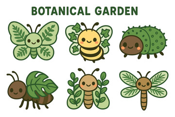 Fototapeta premium Cute cartoon insects with botanical elements in a garden theme