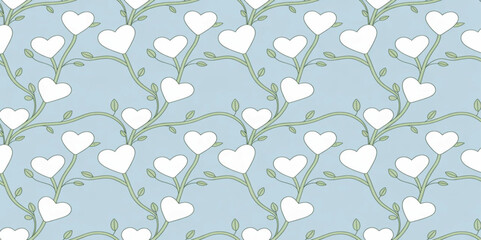 Valentine Elegant Heart Vine Pattern: Seamless Botanical Wallpaper in Muted Blue-Green Tones 