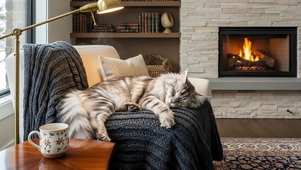 A fluffy silver tabby cat peacefully sleeps on a cozy blanket by a warm fireplace.
