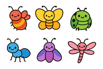 Obraz premium Cute cartoon insects collection featuring adorable bees, bugs, and butterflies