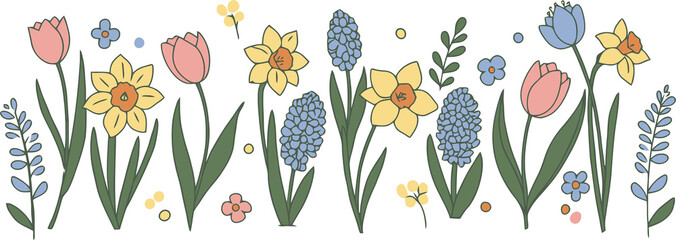 A charming hand-drawn illustration of a spring flower border featuring tulips, daffodils, and hyacinths in soft pastel colors, perfect for seasonal designs.
