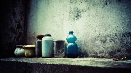Naklejka premium Dusty Glass Bottles And Jars Lined Up On A Concrete Wall In A Quiet Alley