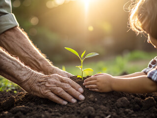 Hands-on Gardening Lesson: Elderly Mentor Teaches Child to Plant Seedlings in Soil